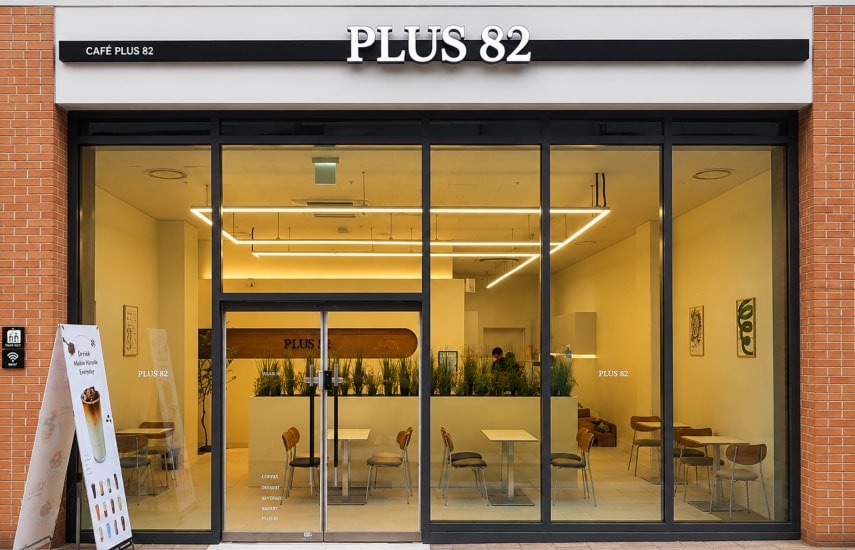 플러스82 가맹점 외관 — 벽돌 건물 자동문 매장